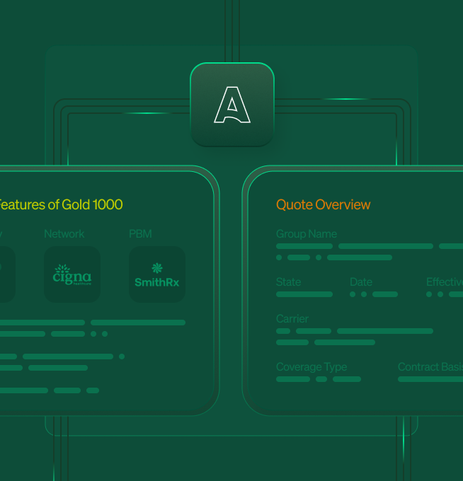 A flowchart interface with two green panels showing "Quote Overview" with group information and "Key Features of Gold 1000" displaying Cigna and SmithRx network options, connected by lines to an "A" logo.