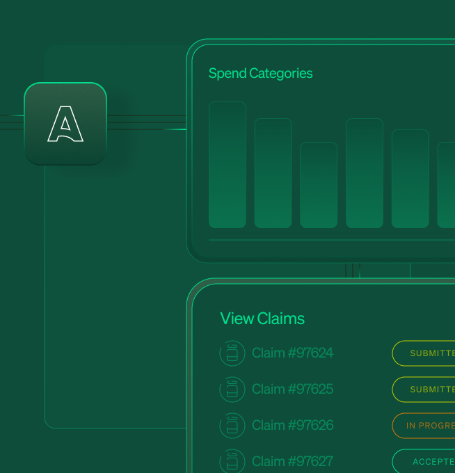 A claims management interface with two main sections - "View Claims" showing multiple claim numbers with statuses (submitted, accepted, in progress), and "Spend Categories" with a bar chart, plus a note indicating "24% decrease in specialty medications."
